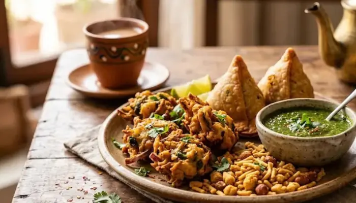 Crispy Indian snacks with chutney and tea
