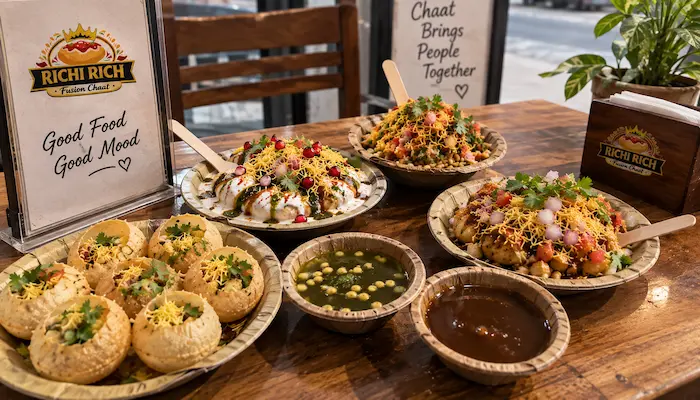 Indian chaat varieties with chutneys and fresh toppings