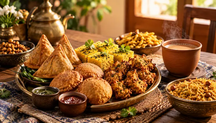 Variety of Indian Evening Snacks with tea